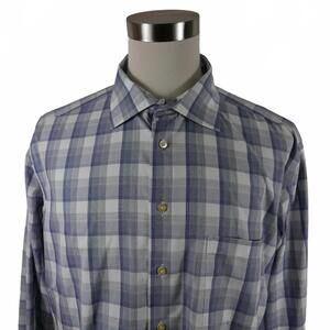 Egara Mens Non Iron Slim Fit Button Up Blue Gray Plaid Shirt XXL 18-18.5